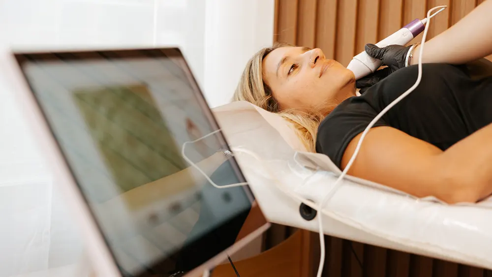paciente recibiendo un escaneo facial en espacio hifu