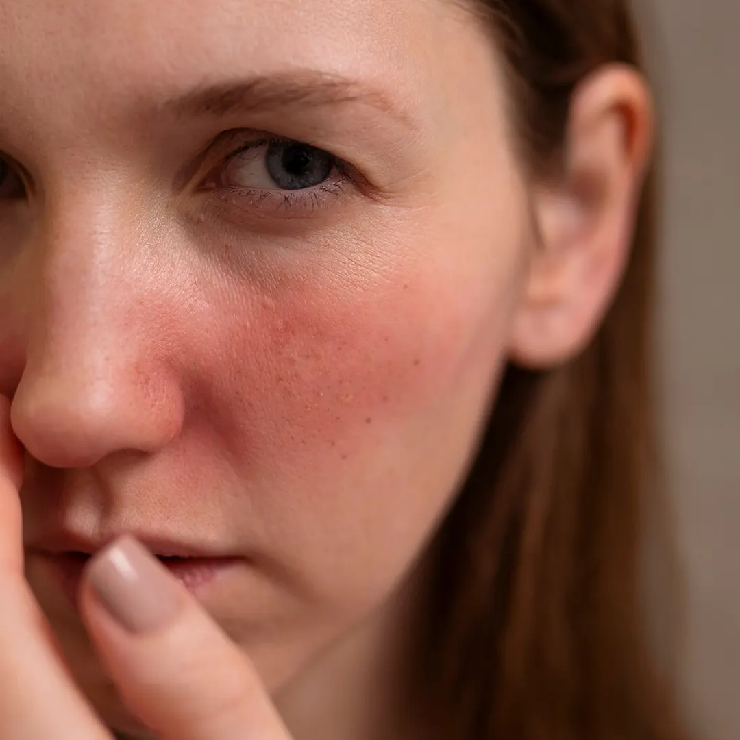 rostro de mujer antes de tratamiento para la rosácea